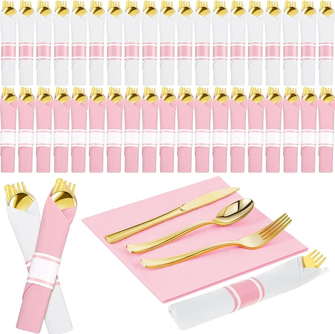 Lasnten 50 Pcs Pre-rolled Pink White Gold Plastic Silverware Set Disposable Plastic Cutlery Set with 50 Napkins, 50 Knives, 50 Forks and 50 Spoons for Wedding Birthday Parties