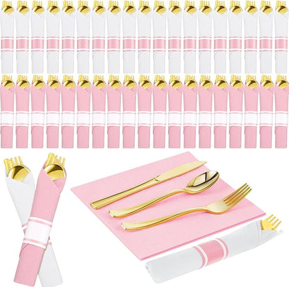 Lasnten 50 Pcs Pre-rolled Pink White Gold Plastic Silverware Set Disposable Plastic Cutlery Set with 50 Napkins, 50 Knives, 50 Forks and 50 Spoons for Wedding Birthday Parties