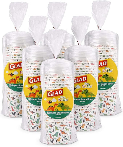 Glad for Kids Dinosaurs Paper Snack Bowls with Lids - Disposable Snack Cups with Lid, Dinosaur Party - Heavy Duty Disposable Microwavable Paper Bowls for Soup, Ice Cream - 120 Count, Glad Snack Cups