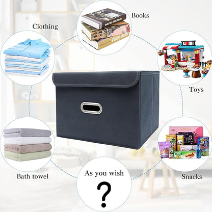 STOREONE Fabric Storage Cube Bins Foldable Organizer Container Collapsible Basket with Lids and Metal Handles, for Home, Bedroom, Closet 6 Pcs (Grey)