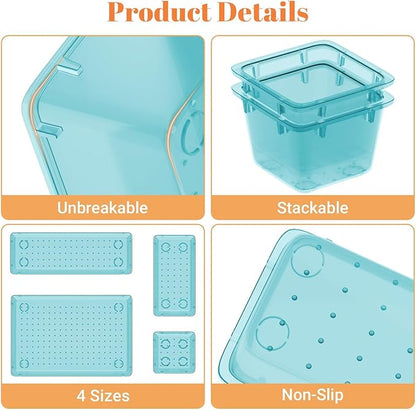 15 PCS Clear Plastic Drawer Organizer Set, 4-Size Acrylic Drawer Storage Trays, Storage Bins for Makeup, Gadgets, and Jewelry in Bathroom, Bedroom and Office, Clear Sea Blue