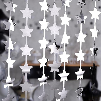 LOLStar 2 Pack Glitter Silver Stars Birthday Decorations 3.3X6.6 ft Each Silver Star Backdrop Foil Fringe Curtains,Perfect for New Year Eve 2026 Twinkle Star Space Celebration Disco Party Decor