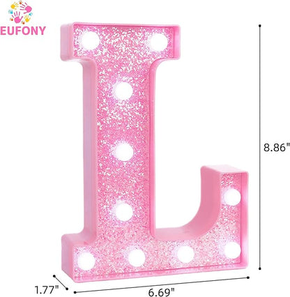 Pink LED Marquee Light Up Letters, Glitter Alphabet Letter Lights for Birthday Party Decorations, Battery Operated Letter Signs for Girls Room Table Decor, Pink Letter L with Cool White Lights