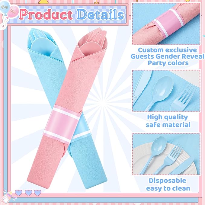 Lasnten 200 Pcs Pre-rolled Light Pink and Blue Plastic Silverware Set for 50 Guest Baby Gender Reveal Party Supplies Include Napkins Knives Spoons and Forks for Baby Shower (Light Pink and Blue)