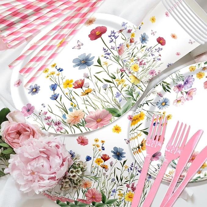 168Pcs Wildflower Party Supplies Wildflower Plates and Napkins Cups Disposable Tableware for Girls Baby Shower Birthday Spring Summer Floral Wedding Tea Party Decorations, Serves 24 Guests