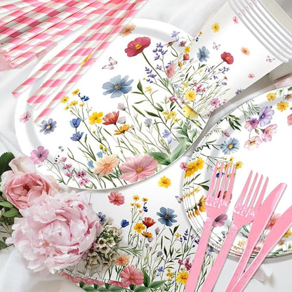168Pcs Wildflower Party Supplies Wildflower Plates and Napkins Cups Disposable Tableware for Girls Baby Shower Birthday Spring Summer Floral Wedding Tea Party Decorations, Serves 24 Guests
