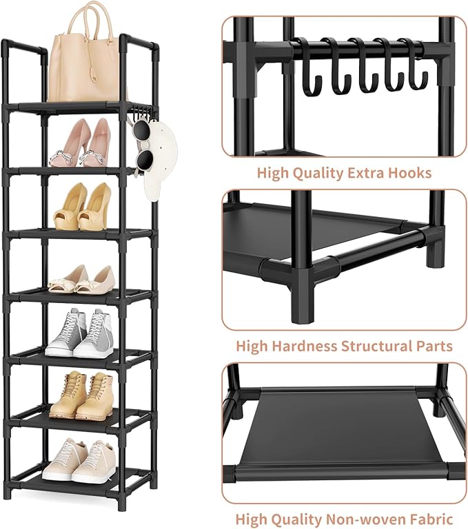 LANTEFUL Tall Shoe Rack 7 Tier Narrow Shoe Shelf Storage for 7-14 Pairs Shoe and Boot, Sturdy Shoe Storage Space Saving Corner Shoe Rack Organizer for Closet, Entryway, Living Room, Brown