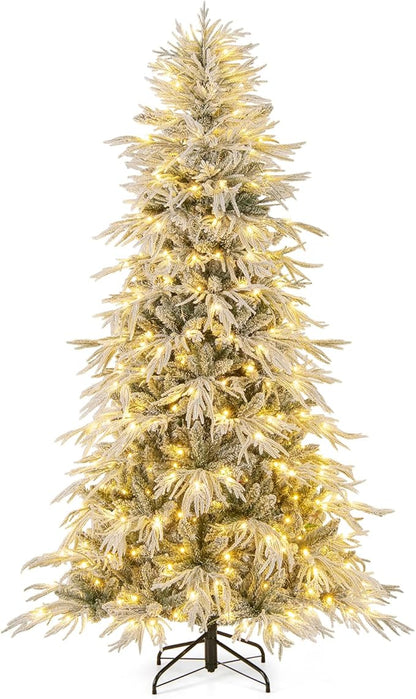 GOFLAME 7FT Pre-lit Artificial Christmas Tree, Snow Flocked Hinged Xmas Tree with 340 Warm White LED Lights, 820 Branch Tips and Folding Metal Stand, Holiday Decoration Tree for Home Party