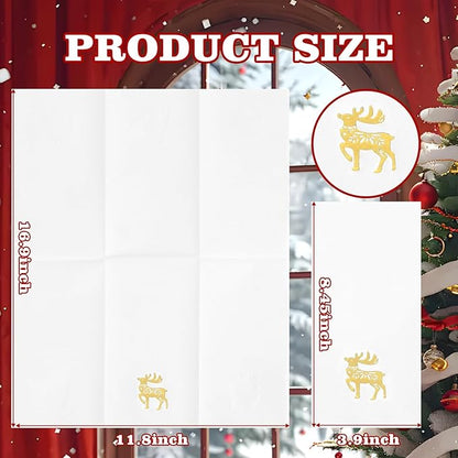 50 Pack Christmas Deer Paper Napkins - Christmas Gold Dinner Napkins - Cloth-like Disposable Hand Towels for Xmas Holiday Table Bathroom Decor Party