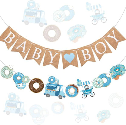 2 Pcs Baby Boy Shower Decorations Pre-Strung Baby Boy Burlap Banner and Donut Toy Banner for Gender Reveal Birthday Party Decorations