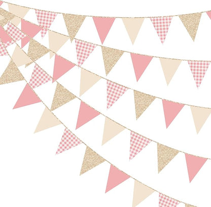 Dusty Rose Pink Buffalo Plaid Champagne Gold Party Decorations Pennant Banner Flag Hanging Glitter Paper Triangle Bunting for Women Girls Birthday Baby Shower Wedding Bridal Shower Hen Party Supplies