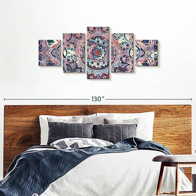 ElephantStock - Mandala Enchantment Wall Art - Horizontal Multi Panel Canvas - 5 Piece Living Room Wall Decor - Digital Art Elements Multi Piece Wall Art - Blue And Beige Decor - 80" x 36"