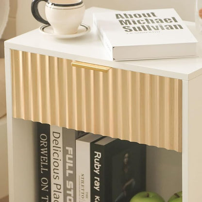 Nightstand, Modern Bedside Table with Drawer and Open Shelf, Fluted Night Stand with Solid Wood Legs for Bedroom, Living Room, Office (White Oak)