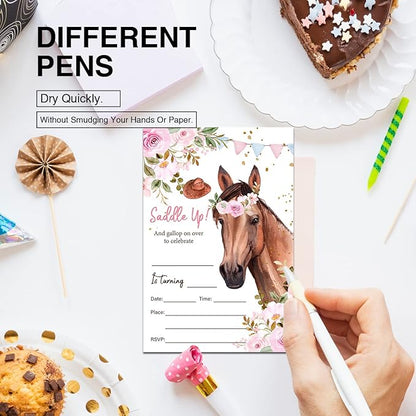 Soiceu Floral Horse Birthday Party Invitations with Envelopes Set of 20 Girl Saddle Up Watercolor Cowgirl Horse Invitations Invites Fill in Blank