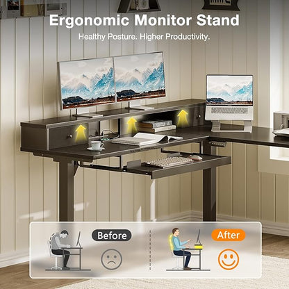 Casaottima 59 Inch Electric L-Shaped Standing Desk with Drawers, Height Adjustable Stand Up Corner Desk with Monitor Stand & Keyboard Tray, Lift Table for Home Office, Workstation, Black