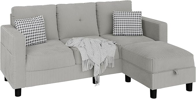 JAMFLY Convertible Sectional Couches for Living Room, L-Shaped Couch 3 Seat Sectional Sofa Set with Corduroy Fabric and Movable Ottoman Small Couch for Apartments, Office(Light Grey)