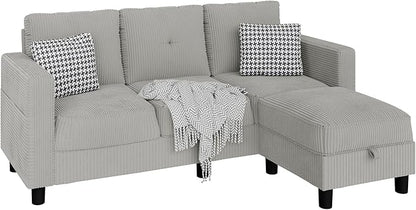 JAMFLY Convertible Sectional Couches for Living Room, L-Shaped Couch 3 Seat Sectional Sofa Set with Corduroy Fabric and Movable Ottoman Small Couch for Apartments, Office(Light Grey)