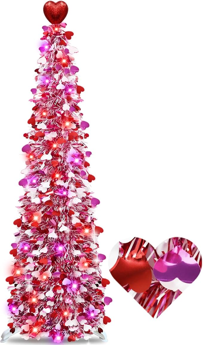 Valentines Day Decorations 5 Ft Valentine's Day Tree with Timer 50 Red & Pink Lights 3 Color Sequin Heart Ornaments Heart Topper Battery Operated Tinsel Pop Up Christmas Tree Home Party Indoor Decor