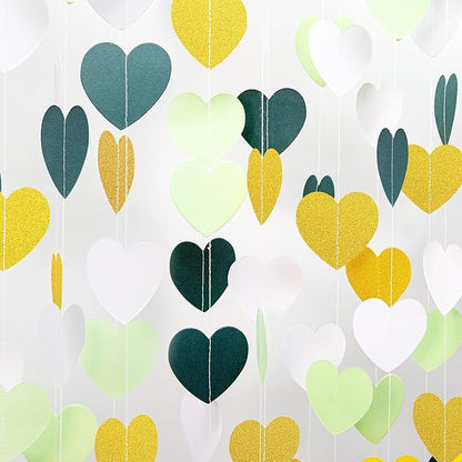 Sage-Green White Gold Party Decorations – 52Ft Paper Heart Garland Streamer Birthday Banner Engagement Bachelorette Wedding Baby Bridal Shower Valentines Day Hanging Decor