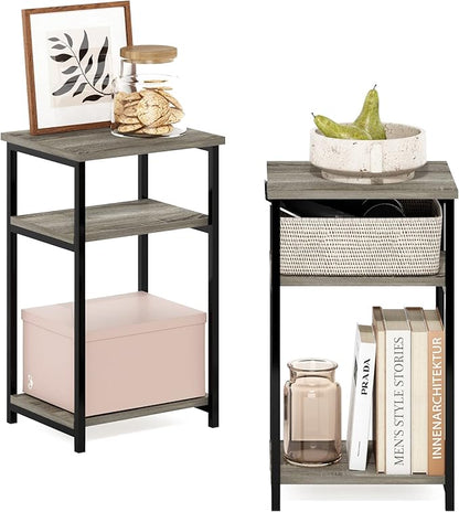 Furinno Just 3-Tier Metal Frame End Table with Storage Shelves, 2-Pack, French Oak