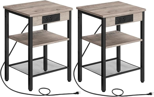 HOOBRO Side Tables Set of 2 with Charging Station and USB Port, Small End Tables for Small Space, 3-Tier Nightstands with Adjustable Shelf, for Living Room, Bedroom, Greige BG112BZP201