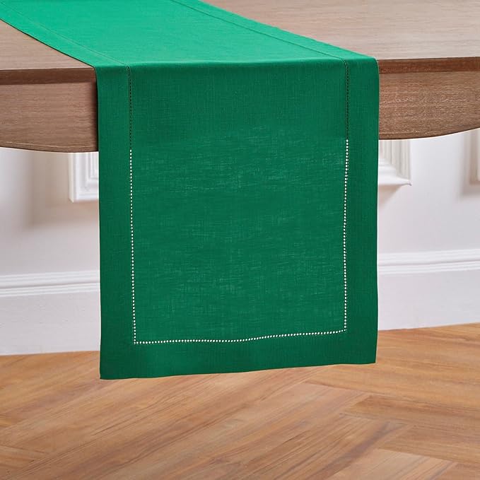 Solino Home Linen Hemstitch Table Runner 120 Inches Long - 100% Pure Linen Emerald Green Table Runner 14 x 120 Inch for Christmas, New Year - Classic Hemstitch