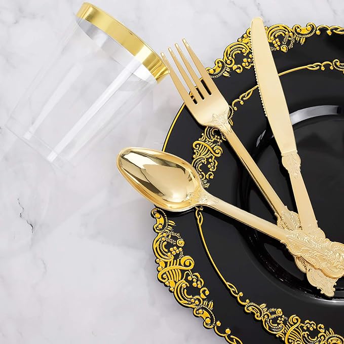 Hioasis 175pcs Black and Gold Plastic Plates - Elegant Disposable Dinnerware Set Suitable for 25 Guests Include 10.25" Dinner & 7.5" Dessert Plates, Cutlery, Napkins, Cups for Party & Wedding