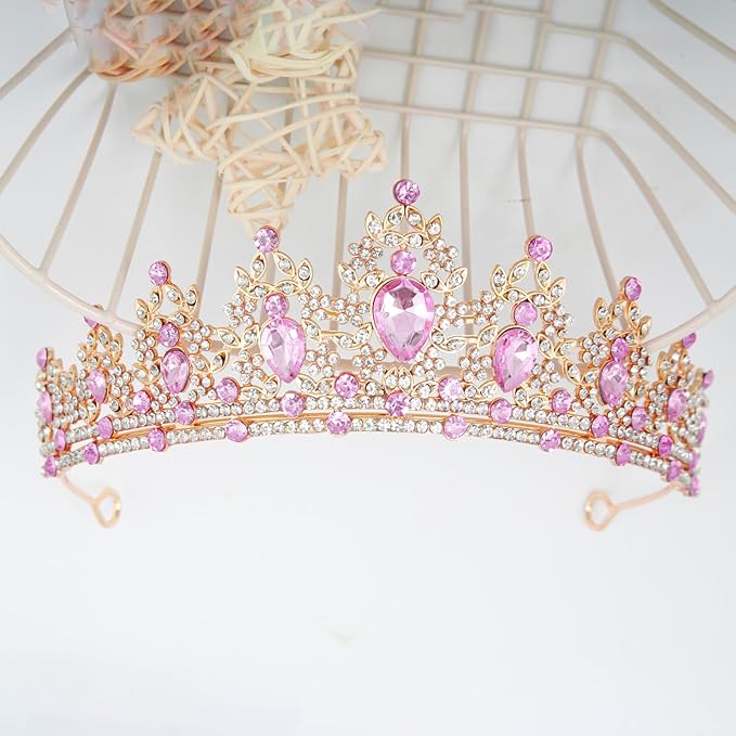 WOVOWOVO Princess Crown Queen Birthday Tiara for Women Girls, Pink Crystal Tiaras and Crowns Headband Hair Accessories for Bride Wedding Halloween Costume Party Prom Christmas Gifts