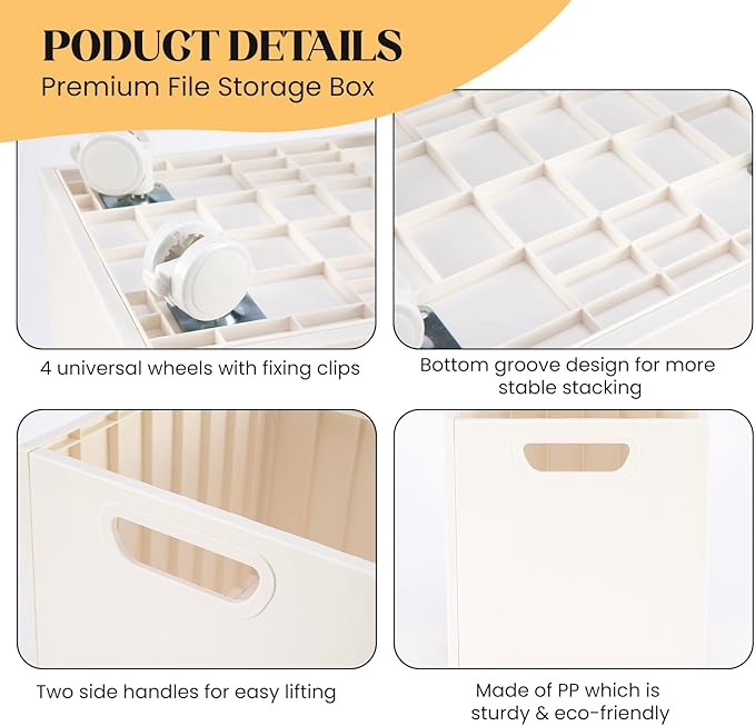 CINPIUK Rolling File Organizer with Wheels, Stackable Storage File Boxes, Portable Letter/Legal Size File Folder Box Book Box Document Organizer for Home Office Filing Storage Bin, White
