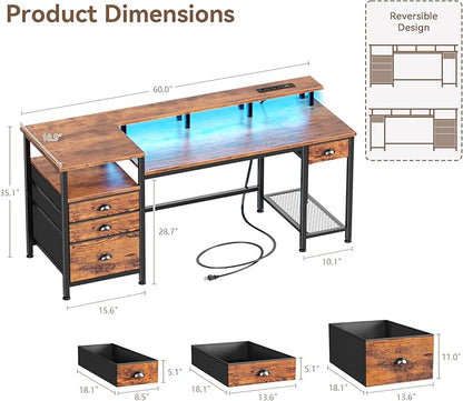 Furologee 60" Computer Desk with File Cabinet and Storage Shelves, Reversible Home Office Desk with LED Lights, Full Monitor Stand, Power Outlets, Study Gaming Table with 4 Drawers, Rustic Brown