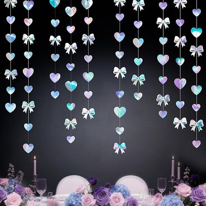 Iridescent Bow Decorations Holographic Paper Heart Bow Hanging Garland Streamer for Coquette Bachelorette Birthday Valentines Wedding Bridal Shower Engagement Anniversary Party Decorations Supplies