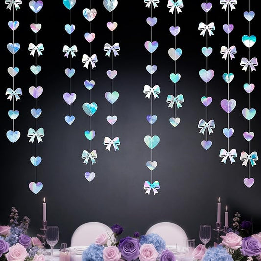 Iridescent Bow Decorations Holographic Paper Heart Bow Hanging Garland Streamer for Coquette Bachelorette Birthday Valentines Wedding Bridal Shower Engagement Anniversary Party Decorations Supplies