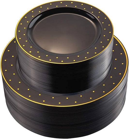 I00000 102 Pcs Clear Black Plastic Plates, Black Disposable Party Plates Include 51 Dinner Plate 10.25’’ and 51 Dessert Plate 7.5’’, Halloween Plates Perfect for Wedding, Party & Halloween