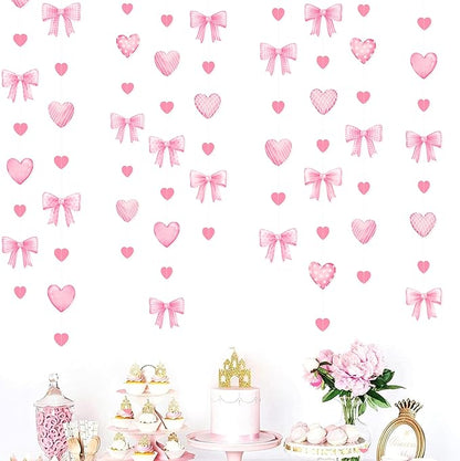 Pink Bow Decorations Pink Heart Plaid Twill Polka Dot Bow Hanging Streamer Garland Banner for Birthday Baby Shower Bridal Shower Wedding Anniversary Bachelorette Coquette Party Decorations Supplies