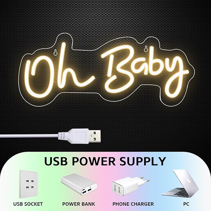 Oh Baby Neon Sign for Backdrop, 16.5”x 6.9” Dimmable Led Light up Sign for Baby Shower - Gender Reveal Birthday Party Decorations - Warm White
