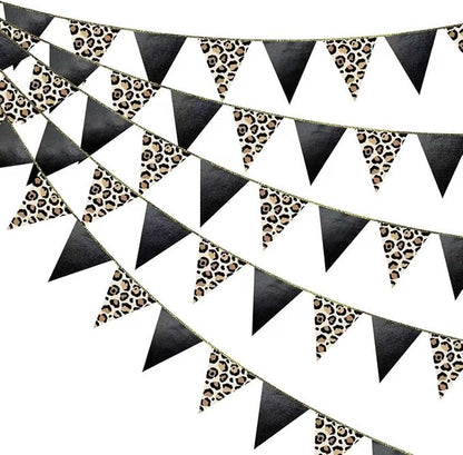 Leopard Black Pennant Banner Flag Hanging Paper Triangle Bunting for Cheetah Leopard Print Animal Theme Leopard Birthday Baby Shower Bachelorette Bridal Shower Wedding Party Decorations Supplies