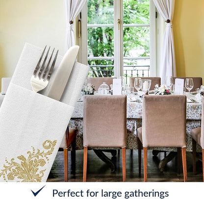 PAW - Linen Feel Napkins with Built-in Flatware Pocket, Soft and Absorbent Paper Pre-Folded Napkins with Golden Ornament, Elegant Guest Towels, Wedding Party, Dinner, Birthday, Gatherings, 50 Count