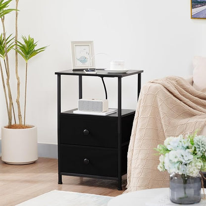 Night Stand Set 2, Black Nightstand with Charging Station, End Tables with Storage Shelf for Small Spaces, Bedside Table Side Tables with 2 Fabric Drawers for Bedroom, HETS020BK