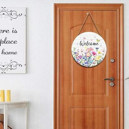 Spring Wildflowers Welcome Sign for Front Door Spring Summer Decorations Welcome Door Hanger Sign Spring Floral Butterfly Wooden Wreath Seasonal Farmhouse Wreaths for Wall Front Door Porch 12"x12"
