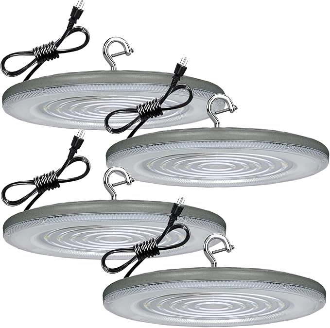 4-Pack UFO LED High Bay Lights 150W (Replaces 600W MH/HPS) 21,000 LM, 6000K Daylight, IP65 Waterproof Rating Workshop Lights with US Plug 5ft Cable — Ideal for Warehouses, Factory,Garage Non-dimmable