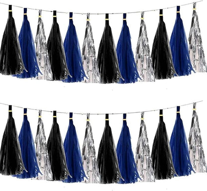 We Moment Black Navy Blue and Silvery Tissue Paper Tassels Party Tassel Garland Banner for Black Blue Party Decorations, DIY Kits,15PCS