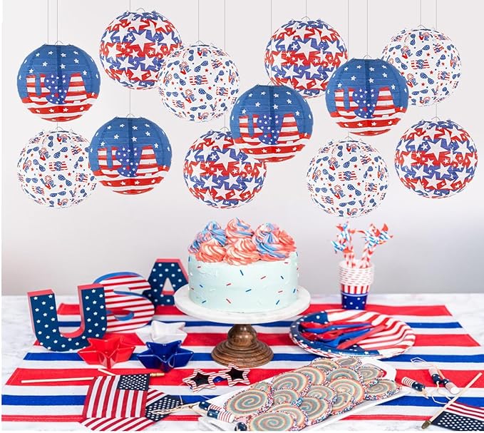 4th of July Decorations Red White and Blue Hanging Paper Lanterns for Patriotic Decorations American Independence Day Memorial Day Party Supplies Pack of 12