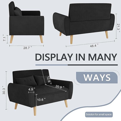 Shintenchi Small Modern Loveseat Couch Sofa, Mid Century Fabric Upholstered 2-Seat Sofa Couch Love Seats Furniture for Small Space,Living Room,Studio,Apartment with 2 Pillows,Black