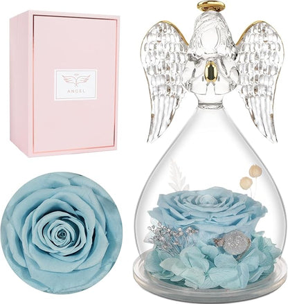 Miofula Preserved Flower Roses & Angel Figurines with Forever Real Rose Gifts for Women Mom, Grandma; Angel Gifts for Christmas, Thanksgiving, Birthday, Anniversary - Pale Blue
