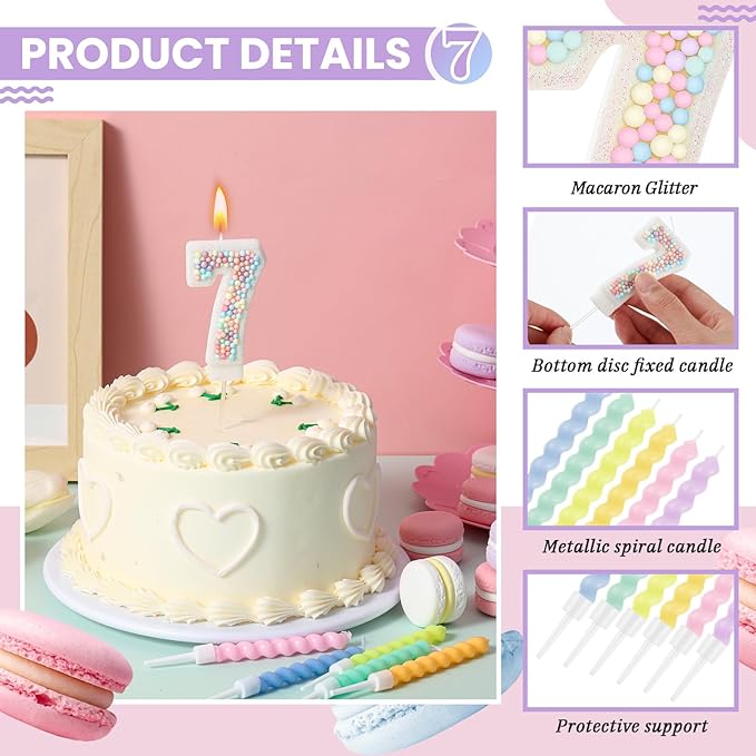 MTLEE Number 7 Birthday Candle with 12 Pcs Spiral Candles for Girls Macaron Pastel Rainbow Unicorn Pink Cake Topper for Sweet Theme Party Decoration