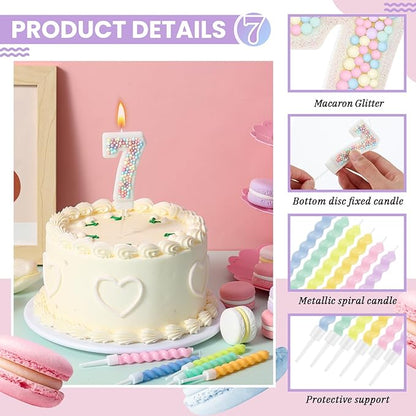 MTLEE Number 7 Birthday Candle with 12 Pcs Spiral Candles for Girls Macaron Pastel Rainbow Unicorn Pink Cake Topper for Sweet Theme Party Decoration