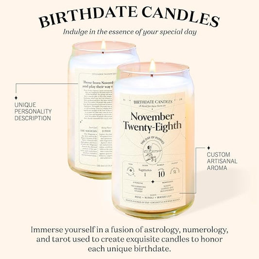 Birthdate Candles, November 28 - Sagittarius Zodiac Scented Candles Birthday Gift - Rose, Neroli & Water Lily Scent - All-Natural Soy & Coconut Wax, 60-80 Hour Burn Time - Made in USA