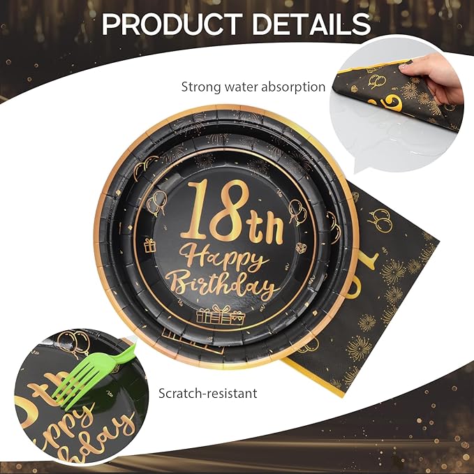 96pcs 18th Birthday Party Disposable Tableware Set for Men Women Black and Gold Paper Plates for 24 Guest Party Supplies （Include plates，cups and napkins）