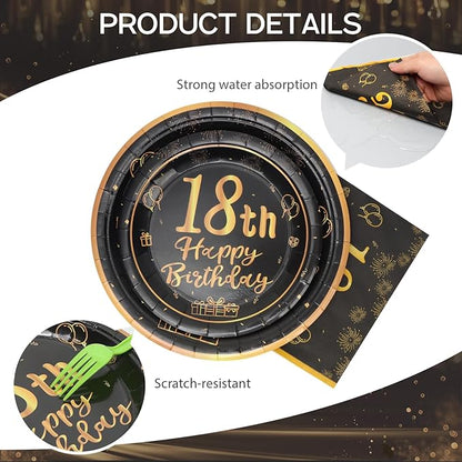 96pcs 18th Birthday Party Disposable Tableware Set for Men Women Black and Gold Paper Plates for 24 Guest Party Supplies （Include plates，cups and napkins）