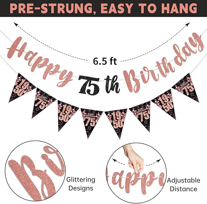 75th Birthday Decorations for Women, Black Rose Gold Happy 75th Birthday Banner Hanging Swirls Vintage 1950 Decorations Kit Cheers to 75 Party Supplies